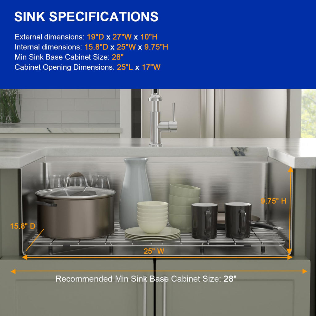 27 Inch Undermount Kitchen Sink Workstation 16 Gauge 304 Stainless Steel Large Single Bowl Under Counter Sinks, Round