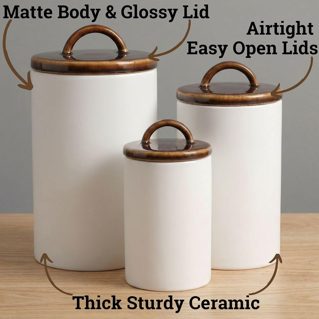 Ceramic Kitchen Canisters for Countertop w/ Airtight Ceramic Lids - Set of 3