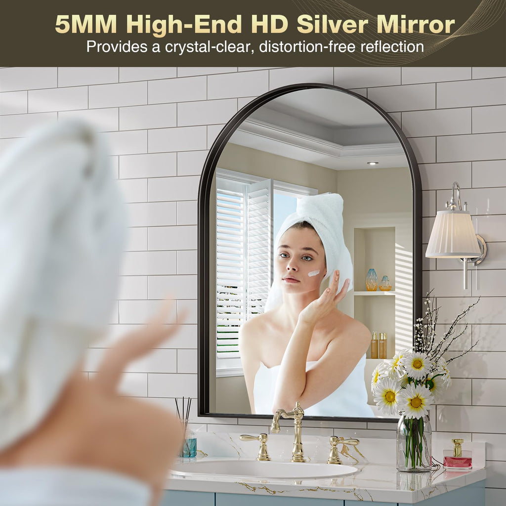 Arched Mirror, Arched Wall Mirror, 24 x 42 Inch Black Arch Mirror, Metal Frame Black Bathroom Mirror, Arched Top