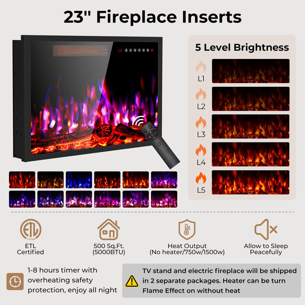 65" TV Stand with 23" Fireplace, Modern Fluted Design, Curved Fireplace Entertainment Center for TVs Up to 75 Inches
