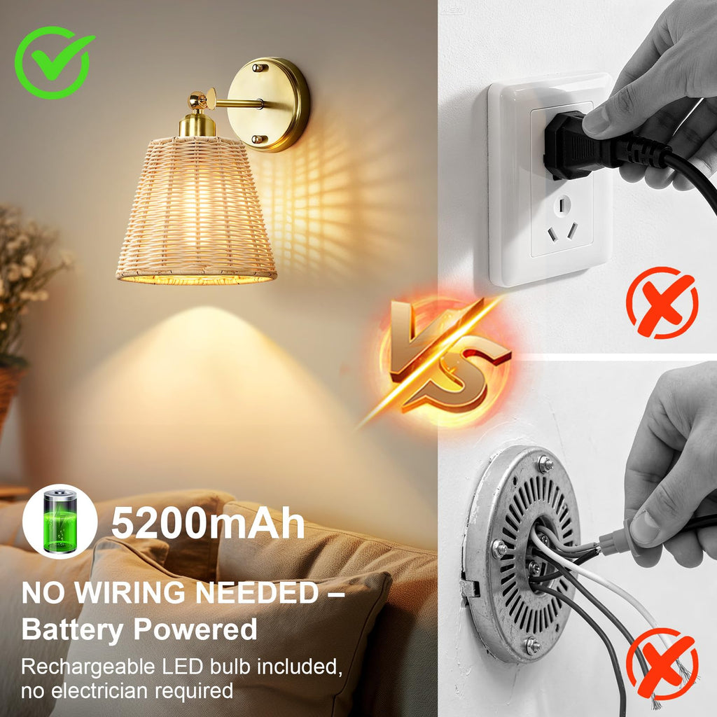 Rattan Rechargeable Battery Operated Wall Sconces Set of Two with Remote, 3 Colors Dimmable Wireless Wall Light