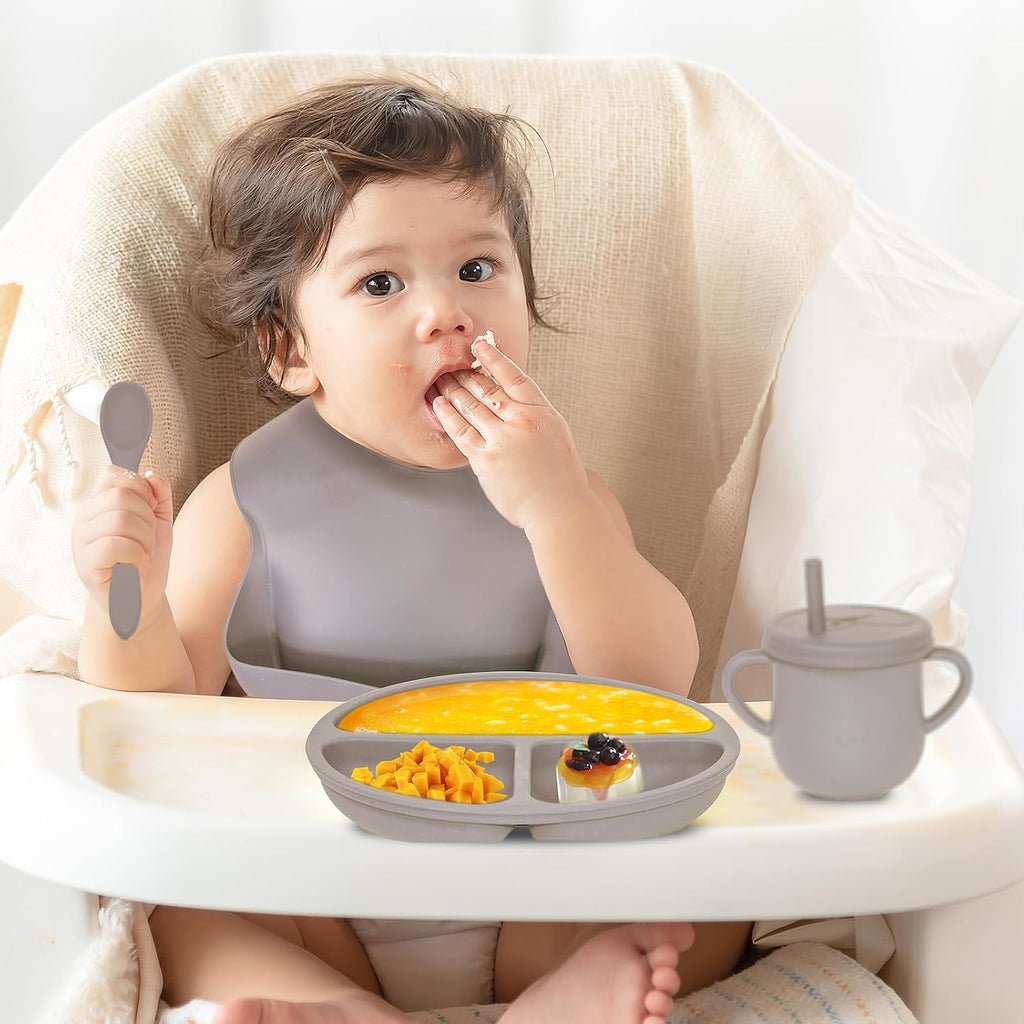 100% Silicone Baby Feeding Set, BPA Free, 9 Pcs: Suction Bowl, Divided Plate, Toddler Self Feeding Dish Set
