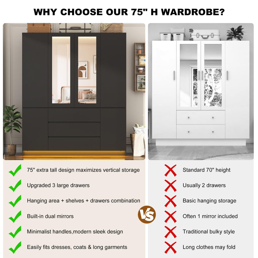 4 Doors Armoire Wooden Wardrobe Closet with 3 Drawers & 2 Mirror, 75"H Clothing Storage Cabinet with Hanging