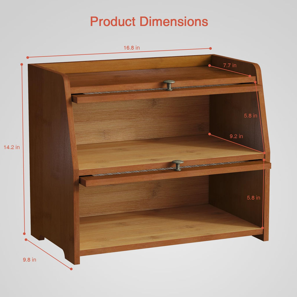 Wooden Countertop, Dark Wood Bread Storage Container made Bread, 2 Tier Roll Top Breadbox Holder Keeper for Sourdough