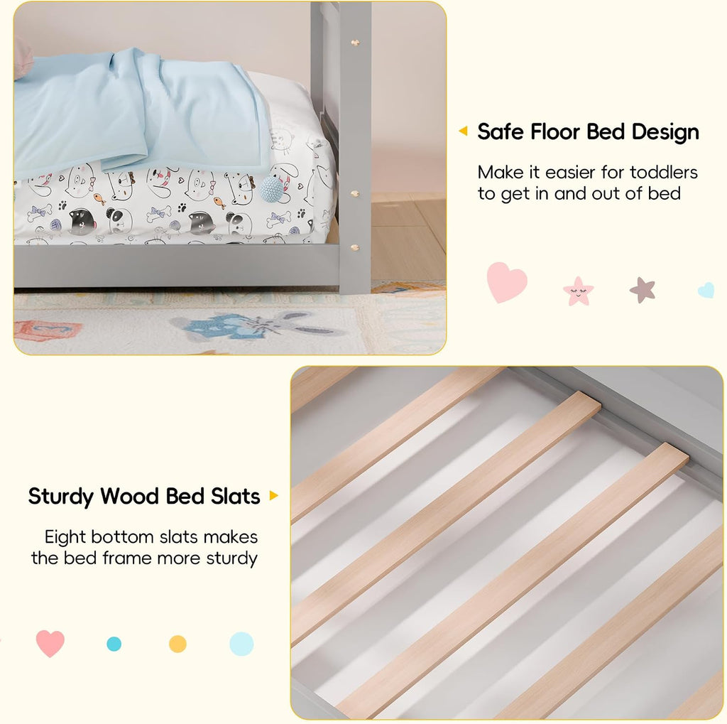 House Bed, Montessori Floor Bed for Toddlers, Wooden Kids Floor Bed Frame with Roof, Low Toddler House Bed for Boys