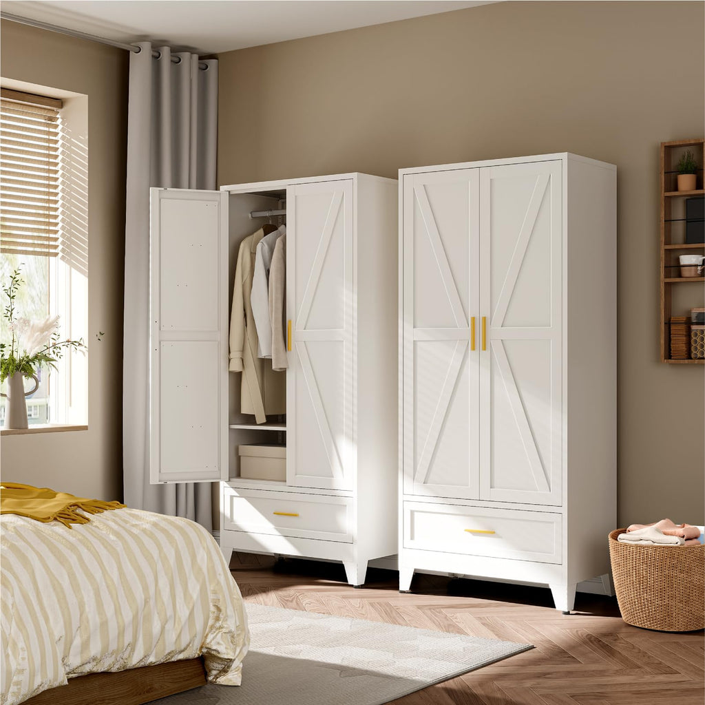 71" Metal Armoire Wardrobe Closet with Hanging Rod, White-X 1 Drawer