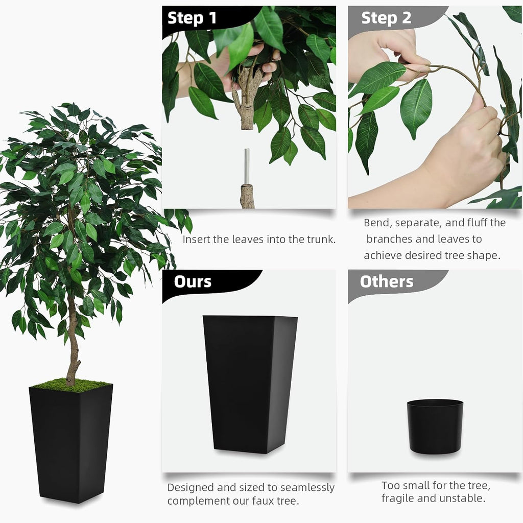 Artificial Ficus Tree 5FT - Faux Indoor Tree with White Tall Planter - Fake Ficus Floor Plant Potted - Artificial