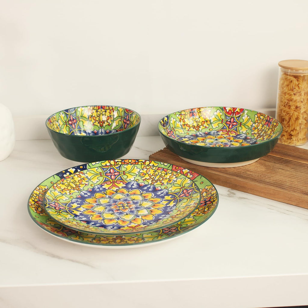 Mandala Dinnerware Sets, Plates and Bowls Set, Porcelain Dishes Service for 4, Zanzibar, Bohemian Style Dining Ware