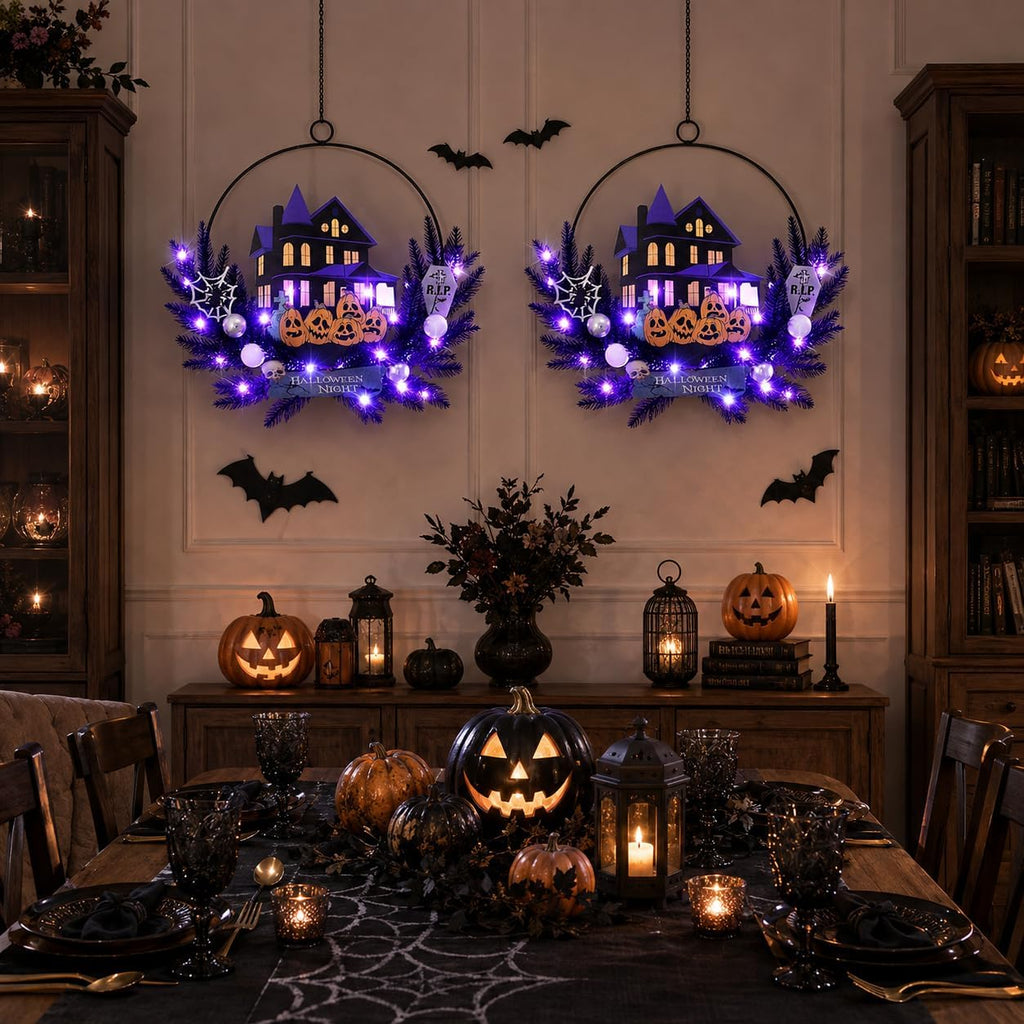 Halloween Wreath with Lights, 15.7 Inch, 6H On/18H Off Timer