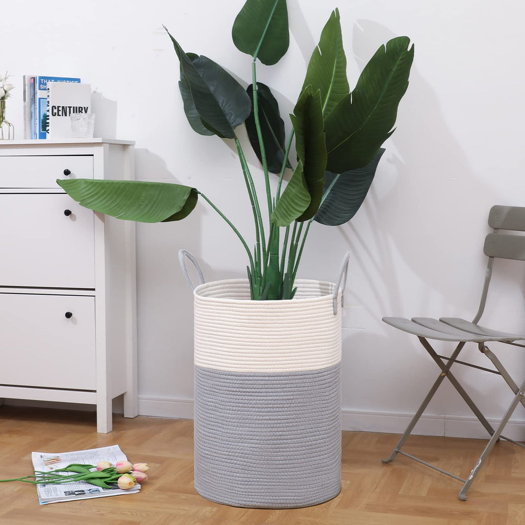 72L Tall Woven Laundry Basket Hamper, Grey White