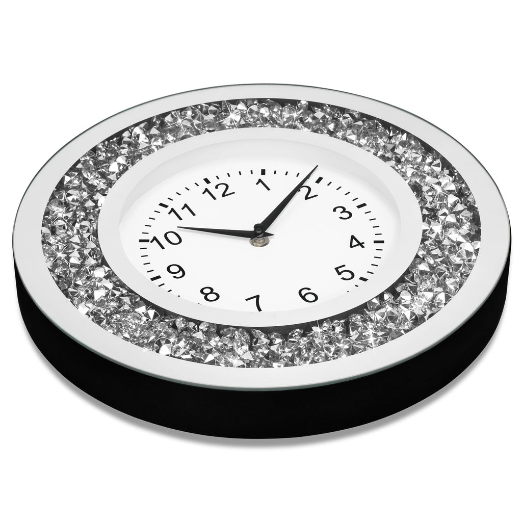 14 Inch Crystal Crushed Diamond Mirrored Wall Clock - Sparkle Twinkle Bling Wall Clock Silver Round Clock Decor