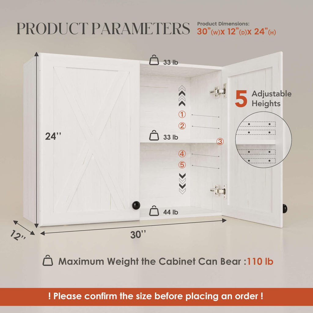 30'' Laundry Room Cabinets, Laundry Wall Cabinet Storage, Barn Door Kitchen Wall Cabinets with Doors and Shelf, Wall