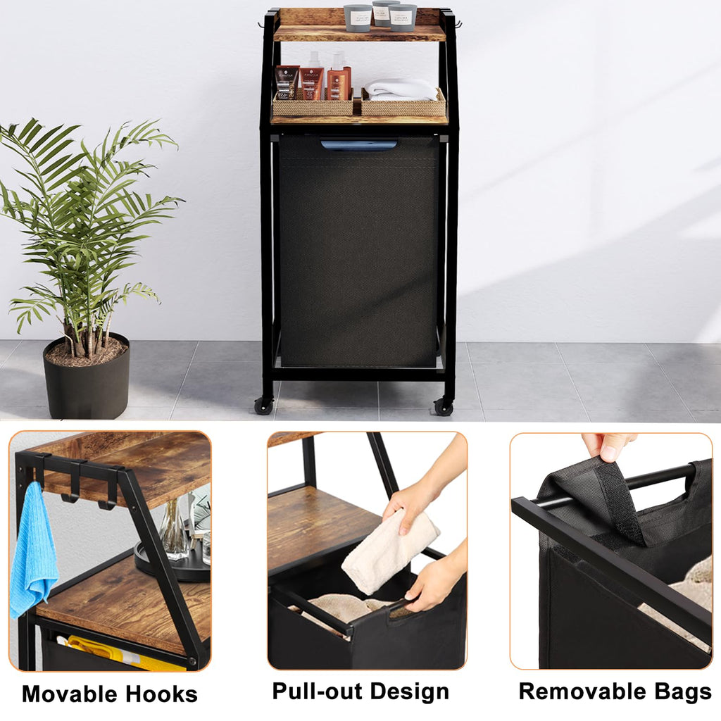 Laundry Hamper, Laundry Sorter, Rolling Laundry Basket with Wheels, 2 Shelves, 18 Gal(68L), Pull-Out and Removable