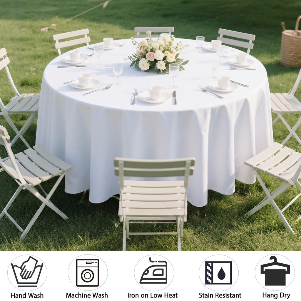 Round Tablecloth 90 Inch Washable Resistant Wrinkle Polyester Table Cloth White Fabric Table Cover for Buffets