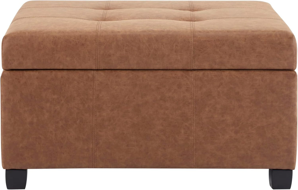 Lorel Faux Leather Square Storage Ottoman Coffee Table, Wooden Ottoman with Storage, Entryway Modern Ottoman Foot