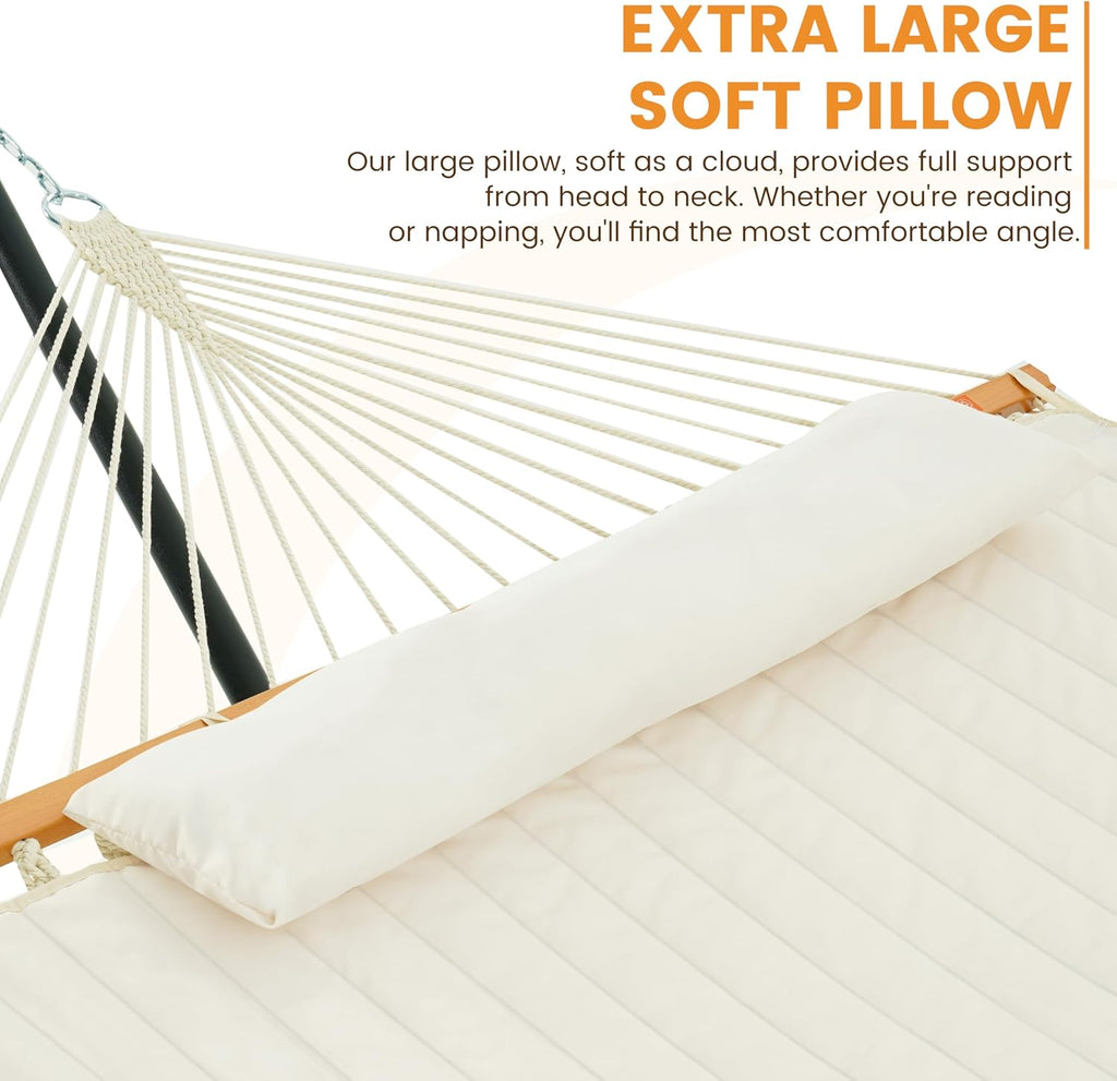 2 Person Portable Hammock with 12FT Stand, Double Hand Woven Cotton Rope Hammock with Detachable Quilted Pad & Pillow