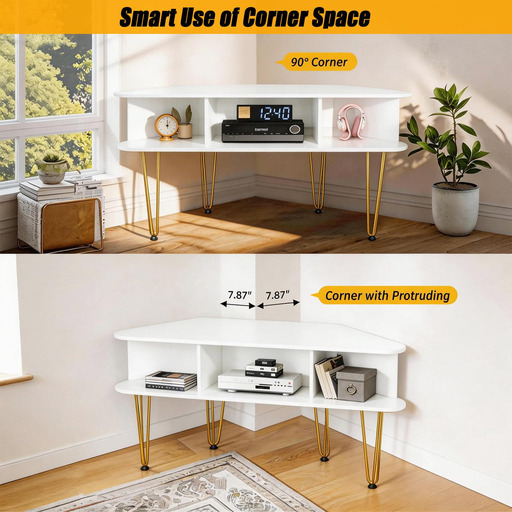 Corner TV Stand for 50 Inch TV, White and Gold Corner Entertainment Center
