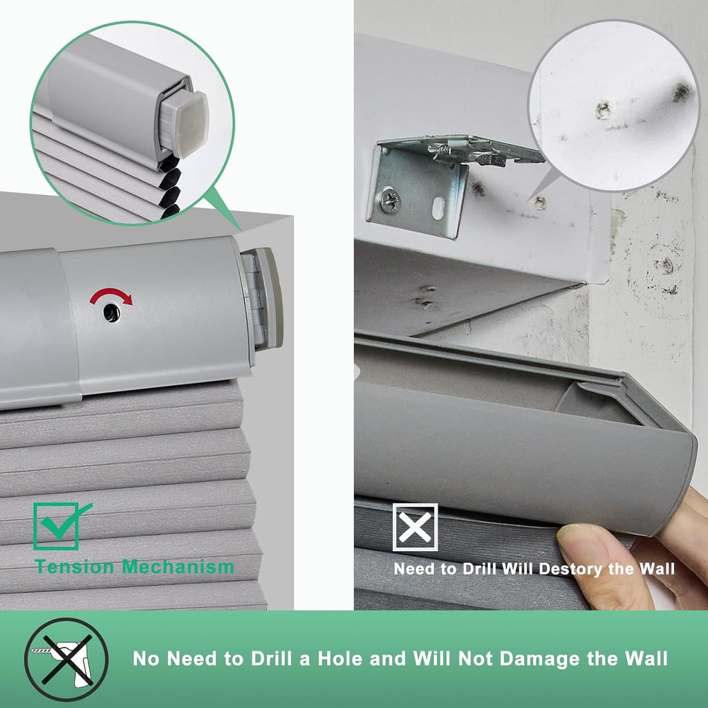 No Drill Cellular Shades for Indoor Windows, Thermal Insulating & Noise Reducing Honeycomb Blinds, Free Stop Cordless