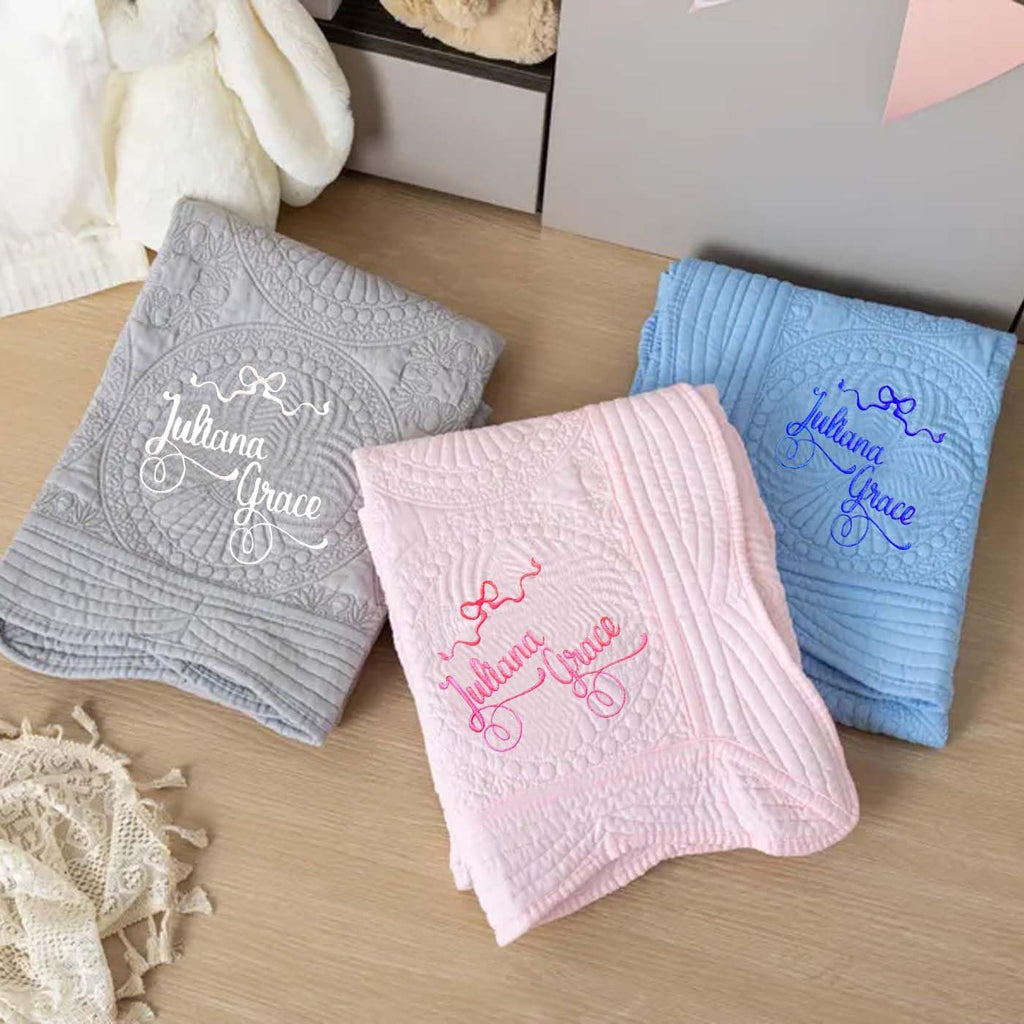 Name Baby Quilt Blanket, Custom Embroidered Monogram Infant Blankets for Baby Shower Heirloom Quilt Lightweight