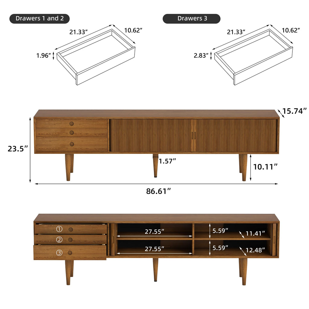 86.61" Solid Wood TV Stand for 85 Inch TV, Mid Century Walnut