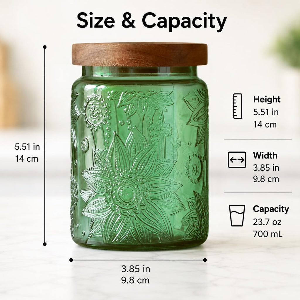 Vintage 23.7 oz Green Sunflower Embossed Glass Jar with Airtight Wooden Lid