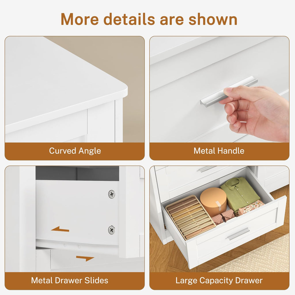 42.1"W White, Modern 6 Drawer with Metal Handles, Wood Dressers & Chest of Drawers, Wooden Closet Clothes Storage