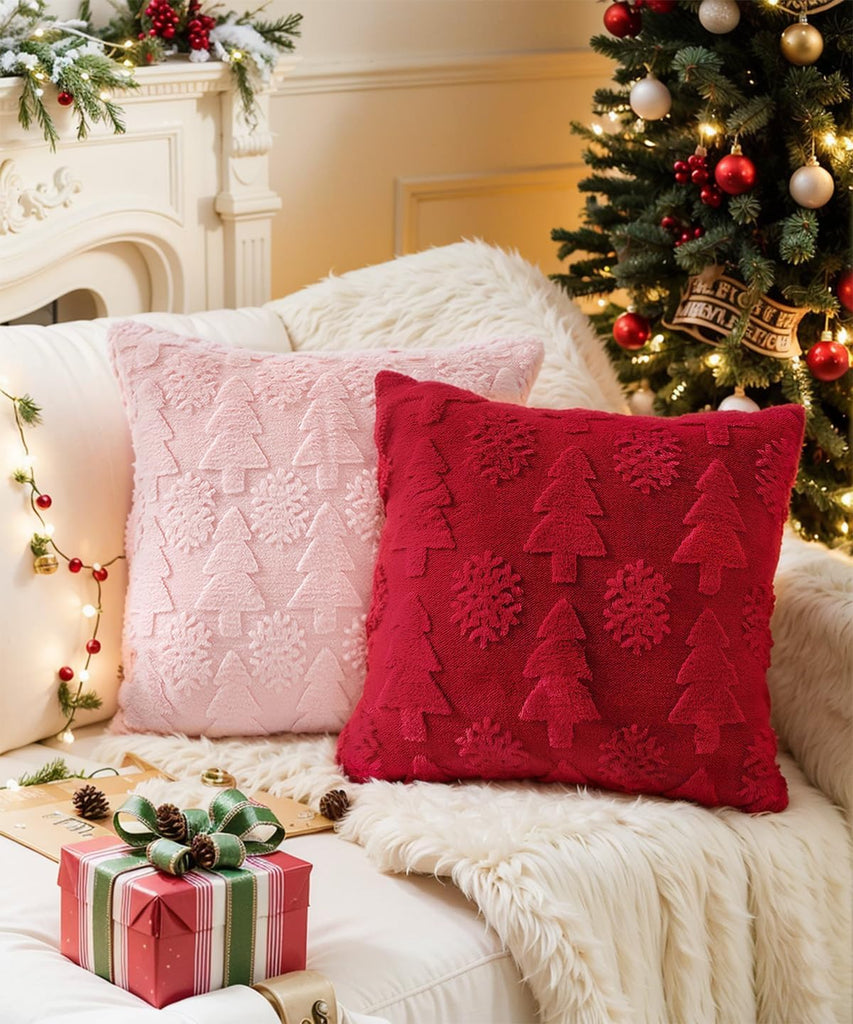 Christmas Pillow Covers 20x20 inch,Luxury Christmas Tree Faux Fur Throw Pillow Covers Red Cute Soft Plush - Set of 2
