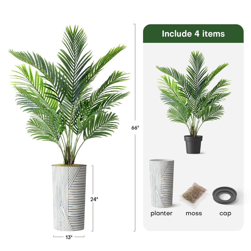 Artificial Tree in Geometric Pattern Planter, Fake Areca Tropical Palm Silk Tree for Indoor and Outdoor Home