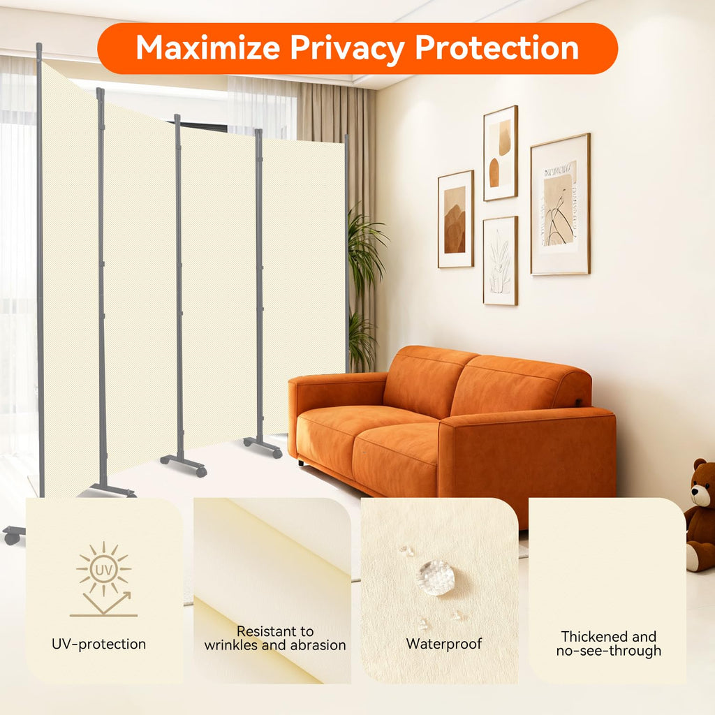 88" W 4 Panel Room Divider, Portable Privacy Screen W/Wheels Freestanding