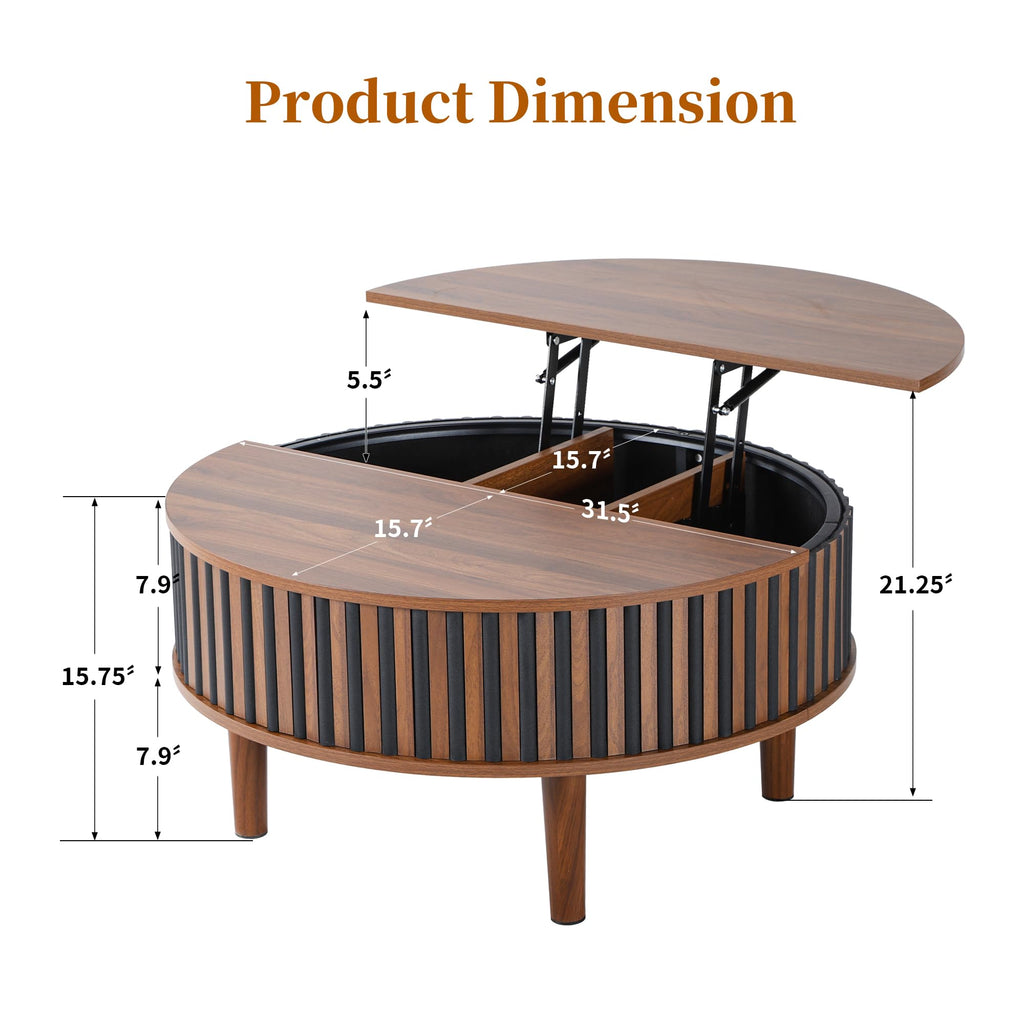 31.5" Wide Round Fluted Lift Top, Black and Walnut
