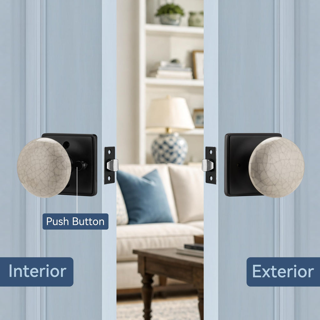 NCL Crack Door Knobs, Porcelain Square Door Handle with Matt Black Plate