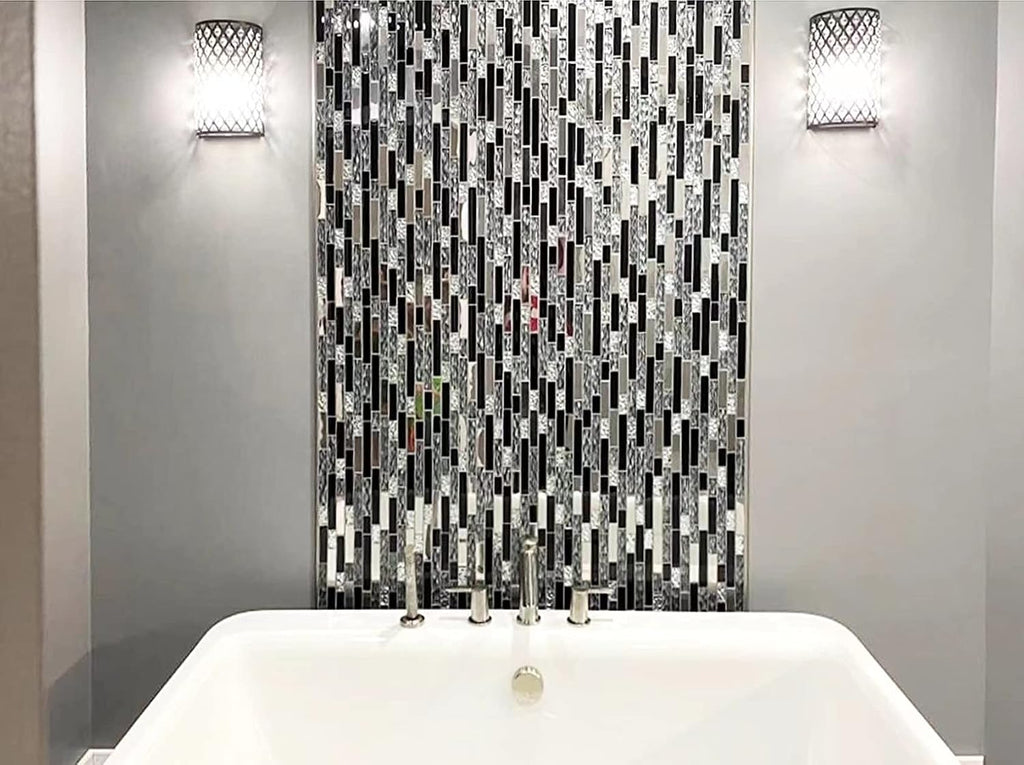 Glass Metal Art Mosaic Silk Black Crystal Glass Chrome Silver Steel Accent Wall Border Kitchen Bath Backsplash Tile