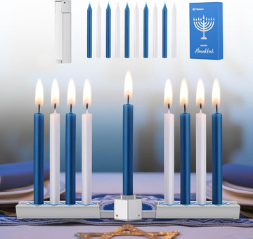 Folding Travel Chanukah with Candle Set, Foldable Hanukkah with 10 Blue and White Candles, Satin Silver, Fits