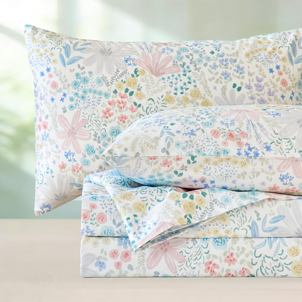 Floral Sheets Full Size 100% Cotton Satin Weave Light Pink Watercolor Bed Sheet Set, Soft Cooling for Hot Sleepers