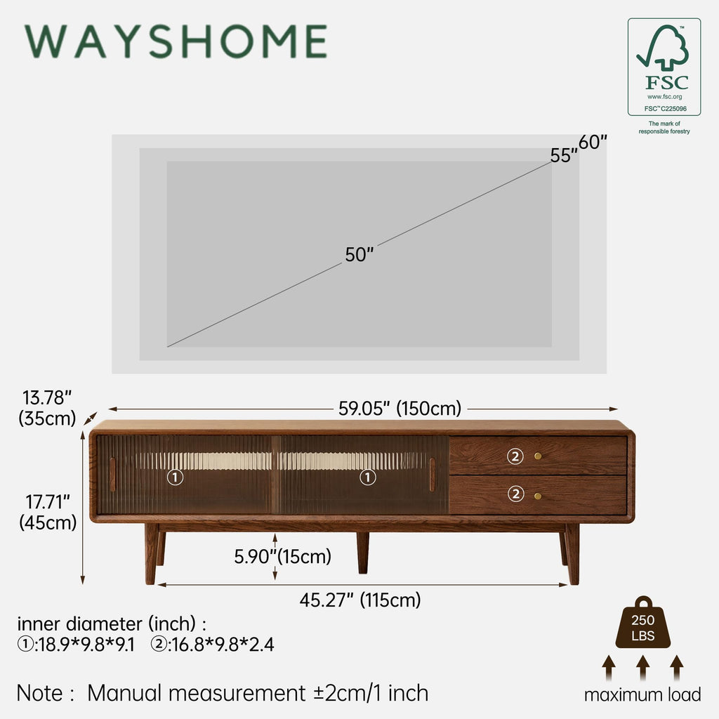 60" Solid Oak Wood TV Stand, Modern Entertainment Center, Fully Assembled
