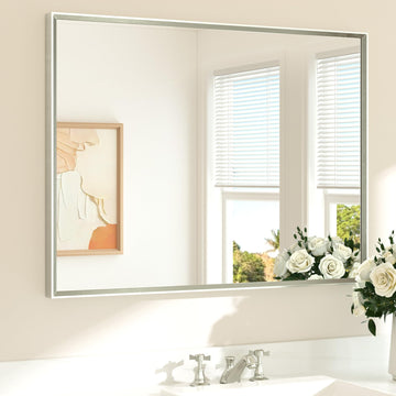 Brushed Nickel Bathroom Mirror for Over Sink 40" x 30" Brushed Nickel Beveled Framed Rectangle Vanity Mirror