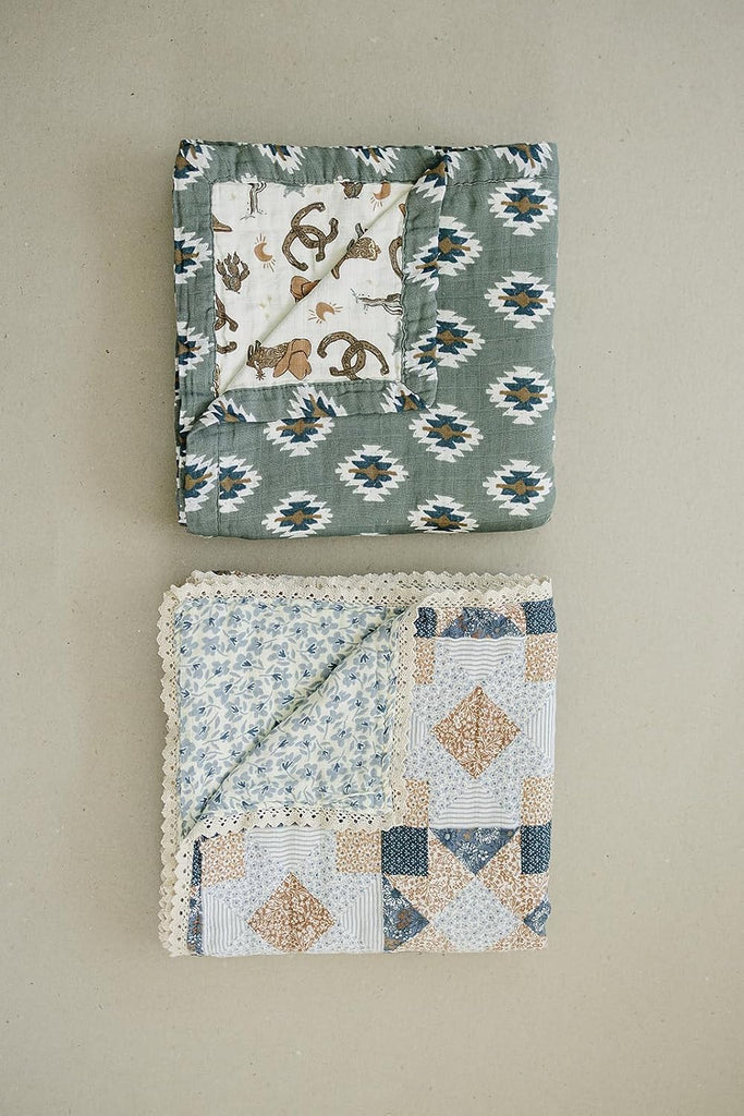 Muslin Quilt, Patchwork Print and Blue Blossom, 100% Muslin Cotton Baby Blankets for Girls and Boys, Muslin Baby