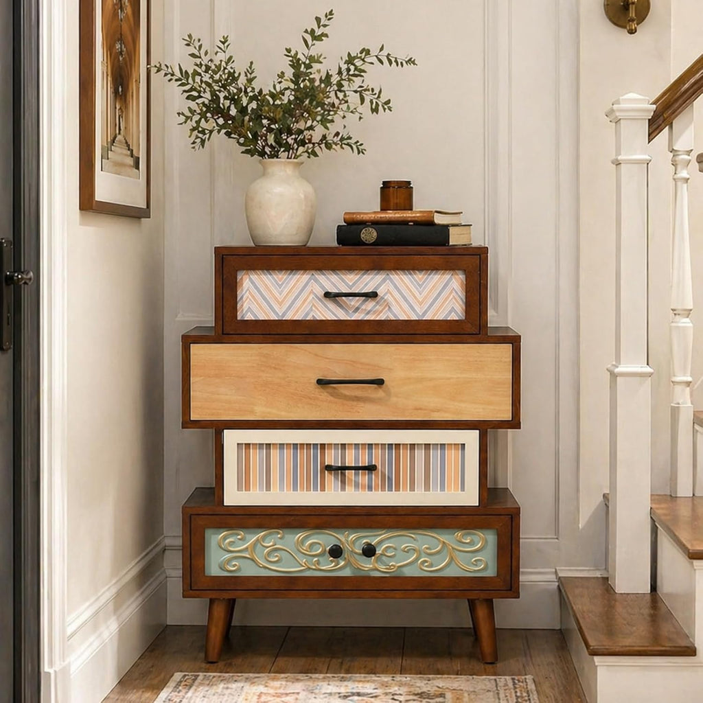 Boho Accent Cabinet with Drawers, Narrow Storage Cabinet for Small Spaces, Multi-Drawer Chest , 26"