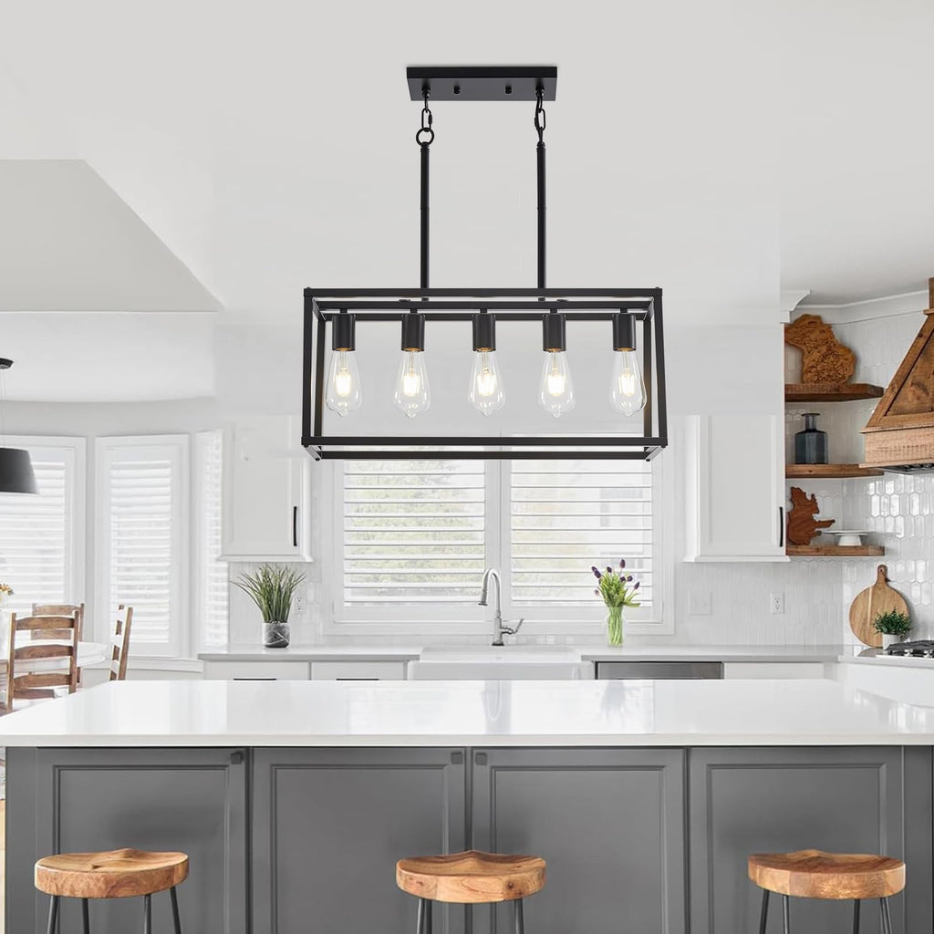 5-Light Kitchen Light Fixtures Black Farmhouse Chandelier Rectangular Dining Room Light Fixture Linear Pendant