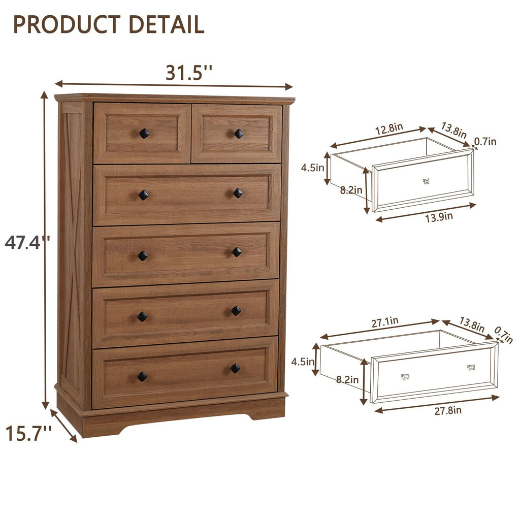 Farmhouse 6 Drawers Dresser Chests, Natural Oak Wood Dressers