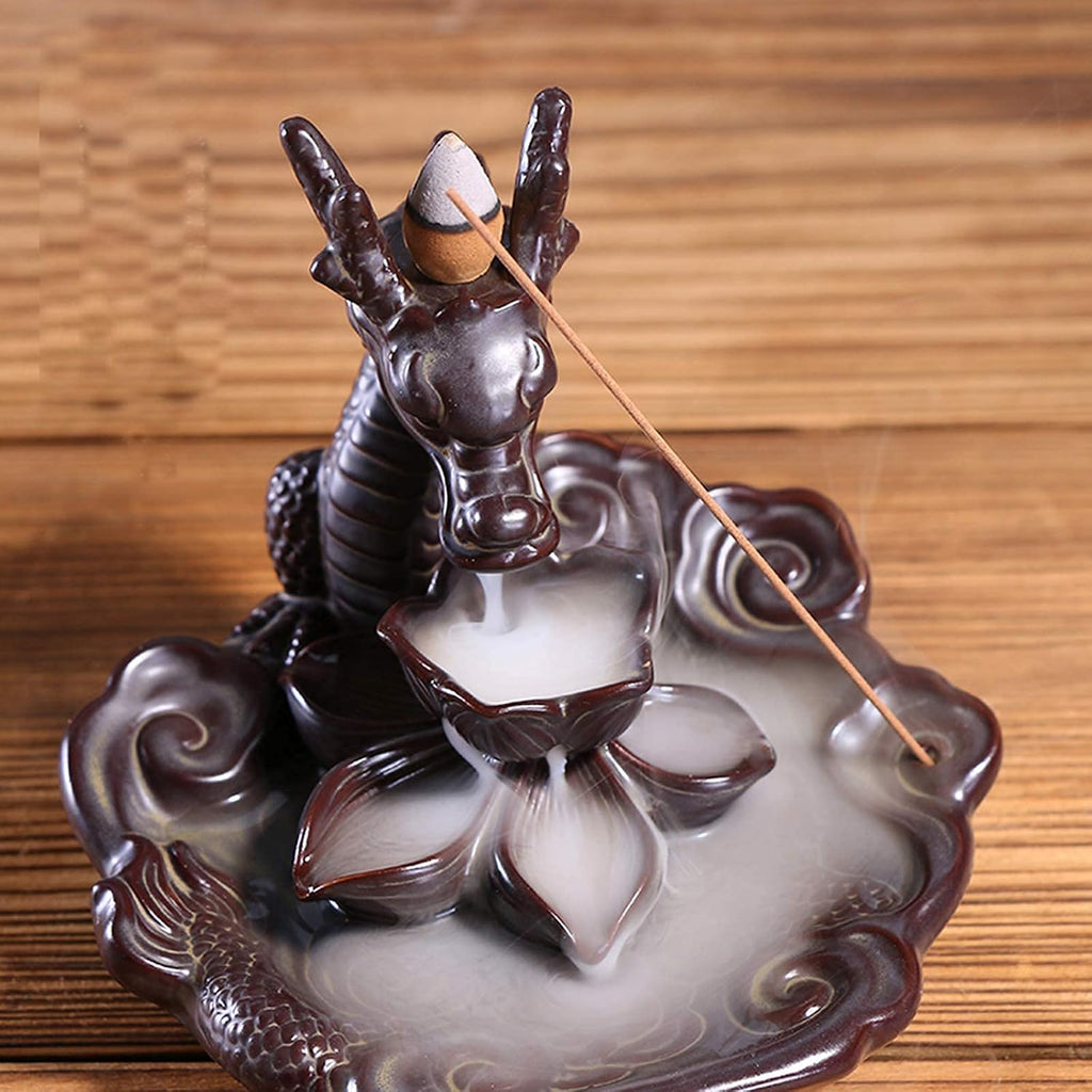 Dragon Incense Waterfall Burner Ceramic Backflow Incense Holder Set with Incense Cones and Incense Sticks, Dragon - Set of 95