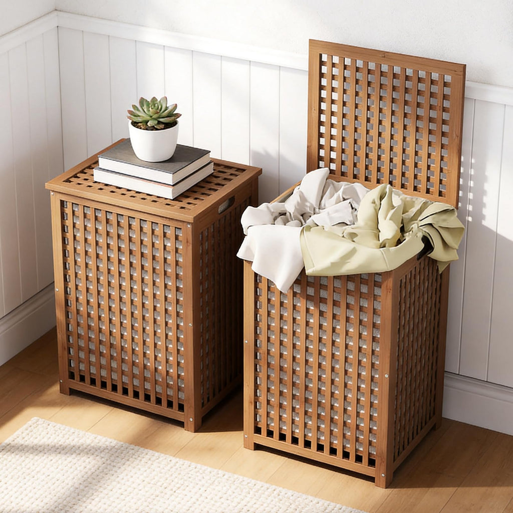 Large Laundry Hamper with Lid, 120L Bamboo Clothes Basket with Liner