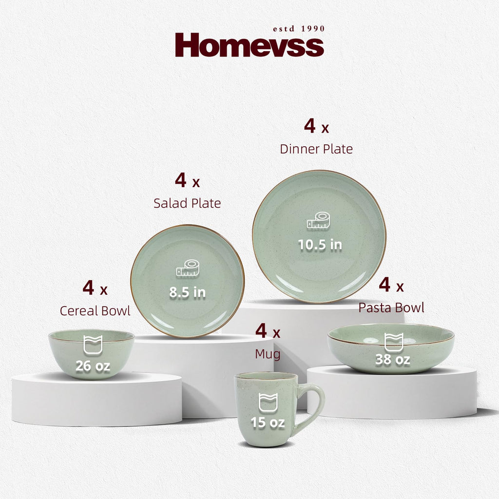 Eur-Nordic Shape Raising Rim 20pc Dinnerware Set, Shiny Glaze Green with Speckle Effect
