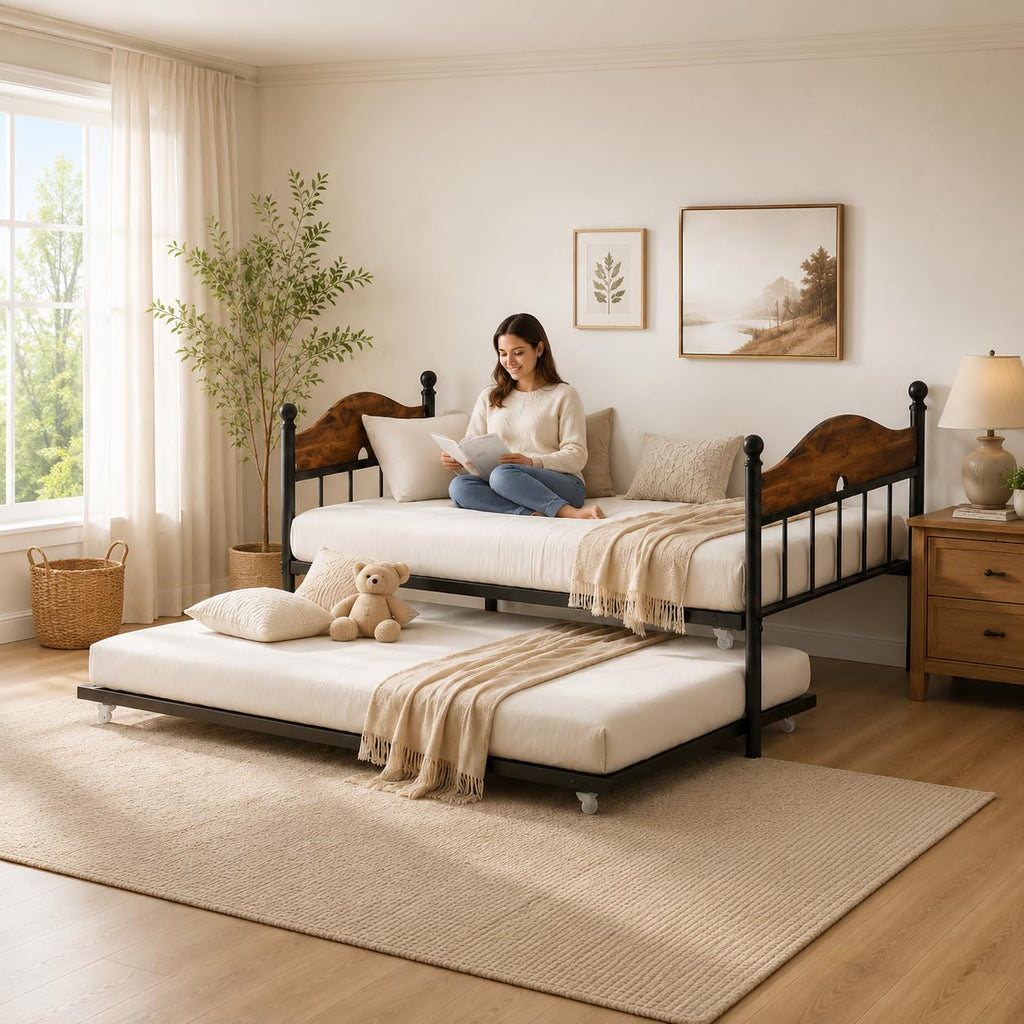 Twin Daybed with Trundle, Twin Bed Frame with with Stylish Headboard, Heavy Duty Steel Slats Platform, Brown