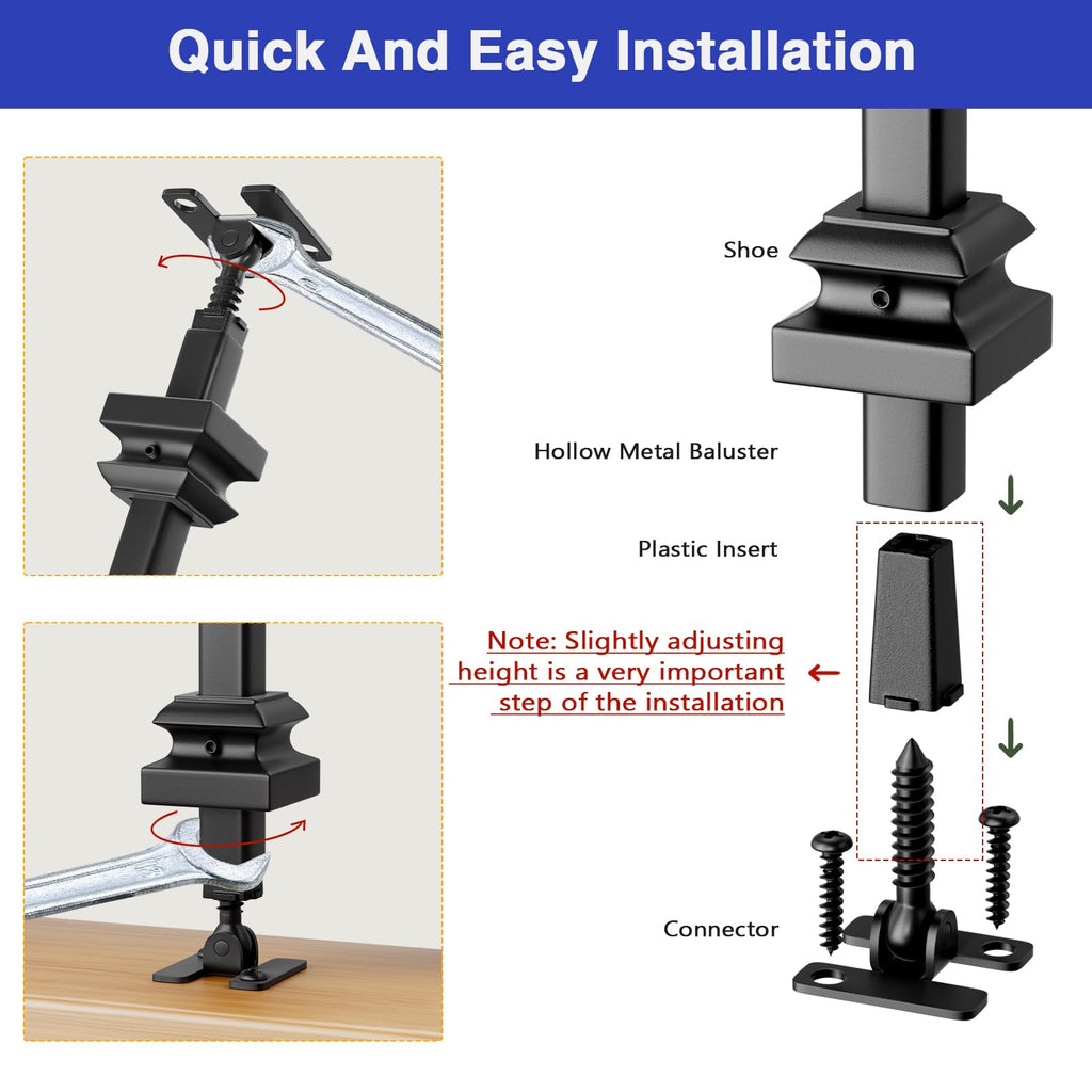 10-Pack Baluster Connectors with Flat Shoes Adjustable Height and Angle Connectors for 1/2'' Square Balusters for
