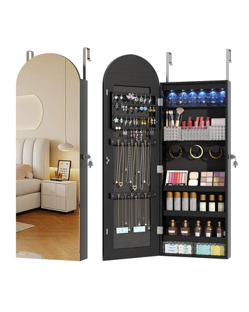 Arched Mirror Jewelry Cabinet, Over the Door or Wall Mounted, Black