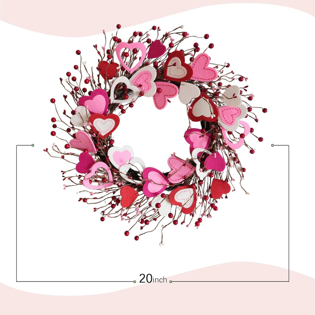 Valentine's Day Wreath, Romantic Valentines Wreaths for Front Door 20 Inch, Pink Red White Valentine Wreath