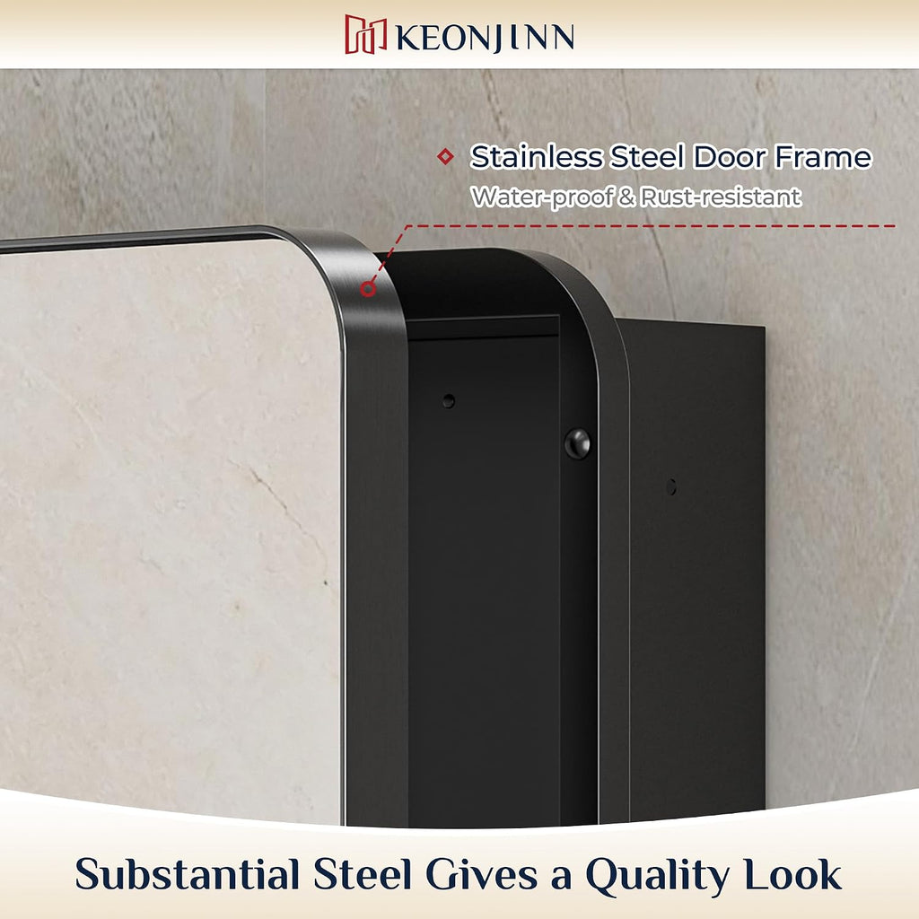 20"x32" Recessed Medicine Cabinet with Mirror, Black Framed | Stepless Adjustable Shelves, Surface Mount/in Wall