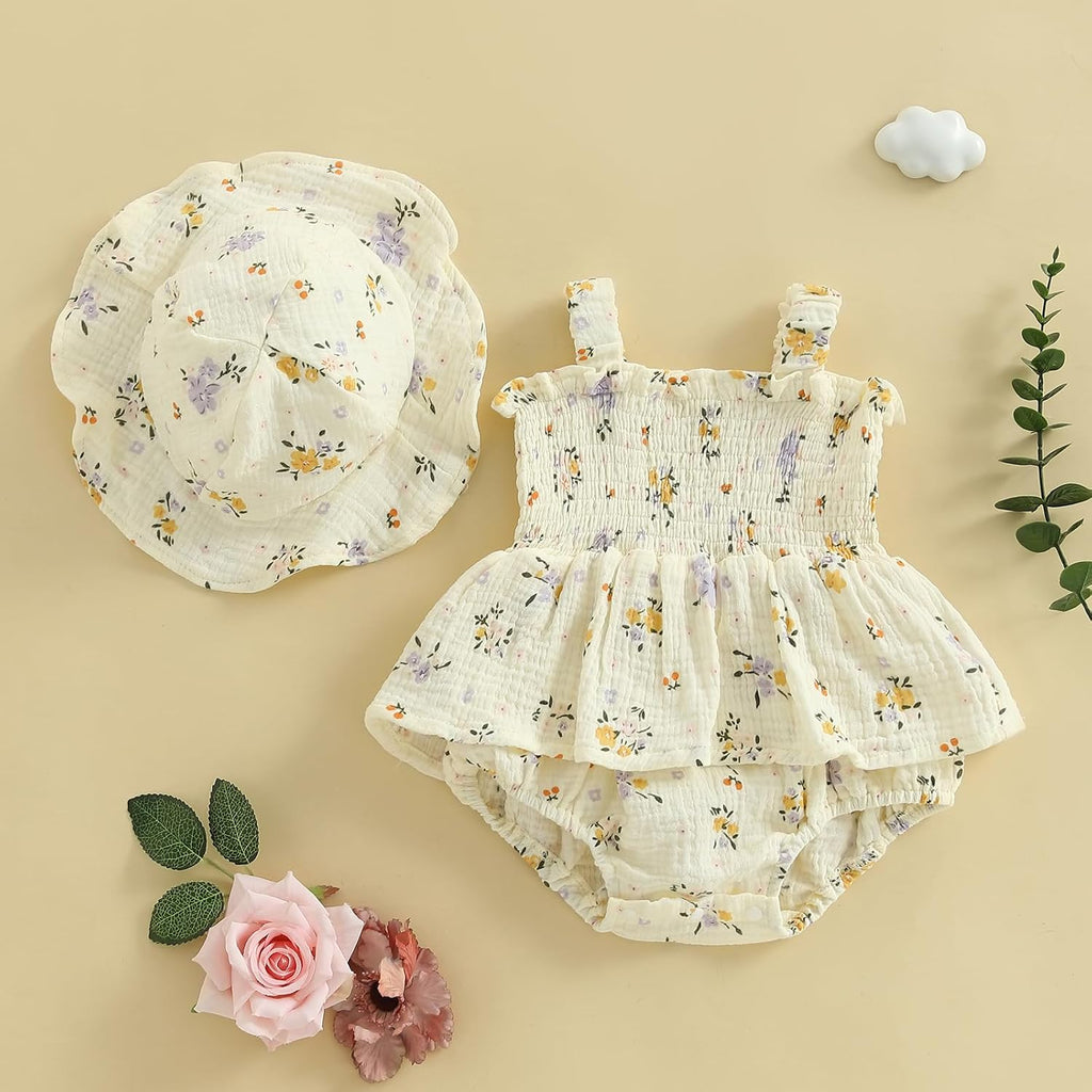 Baby Girl Clothes Summer Dress Cotton Linen Romper Sleeveless Smocked Rompers Sun Dress Hat Skirt Boho Outfits
