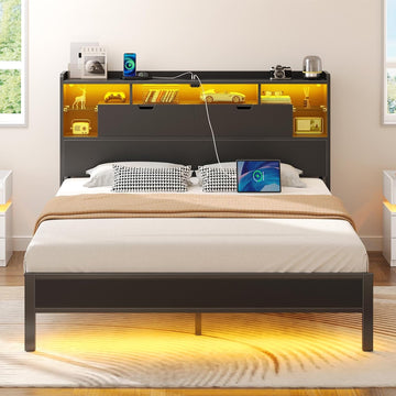 Full Bed Frame with Headboard, LED Bed with Bookcase Storage and Charging Station
